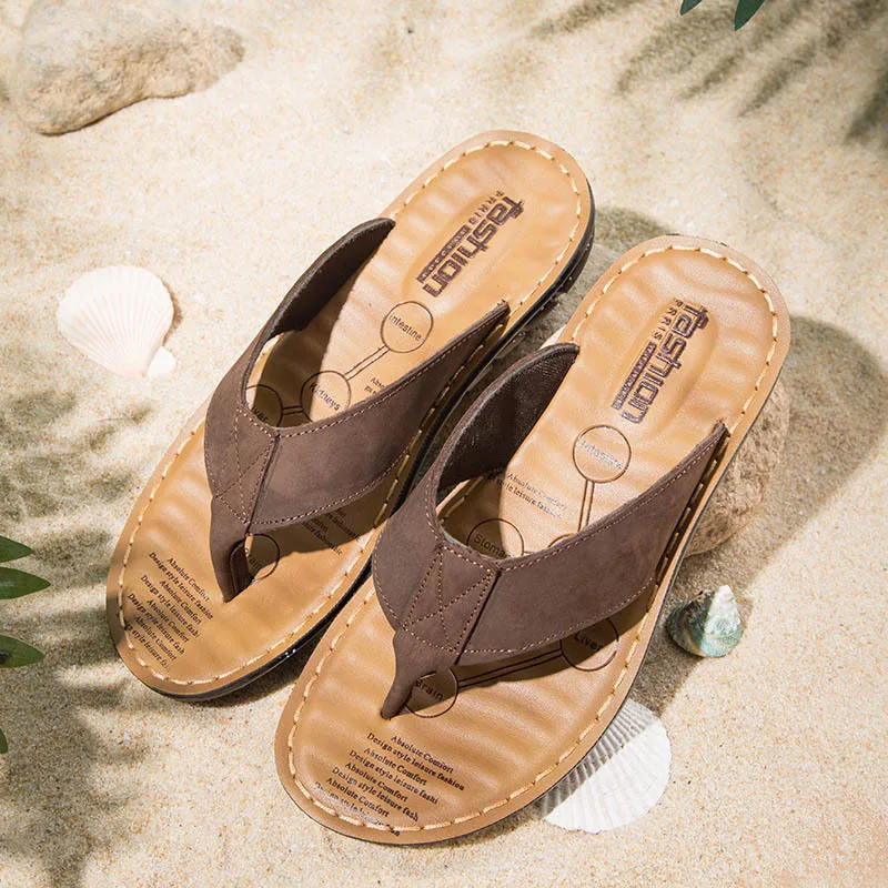 

2019 summer new leather massage casual shoes non-slip wear flat shoes trend flip-flops men's sandals