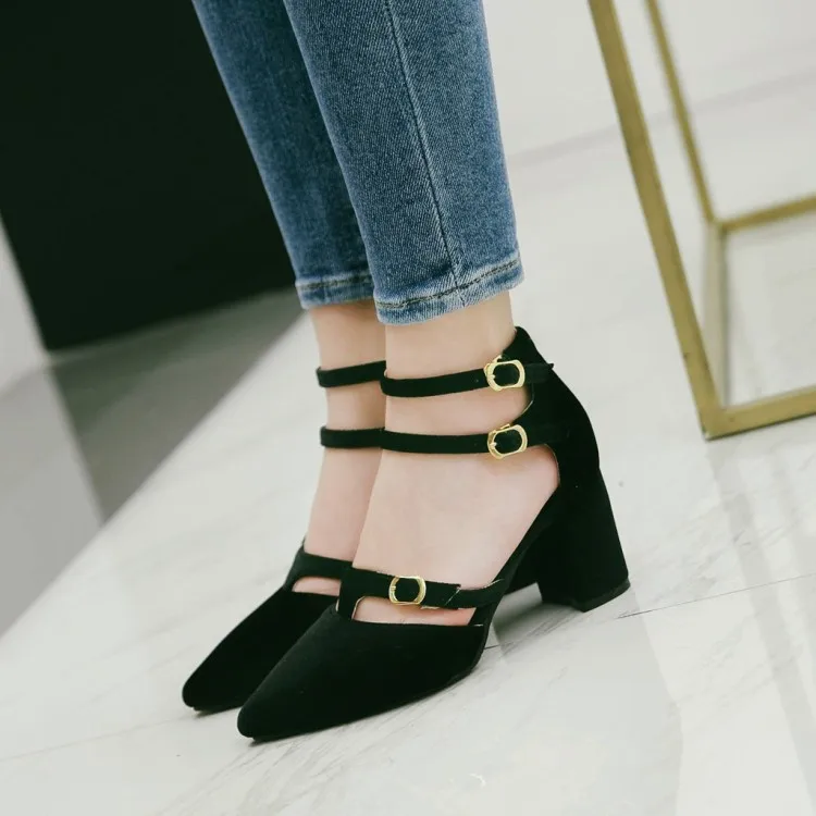 

PXELENA Retro Chunky Block High Heels Sandals Women Shoes Double Ankle Strap Office Lady Casual Comfort Sandals Flock Hot 34-43