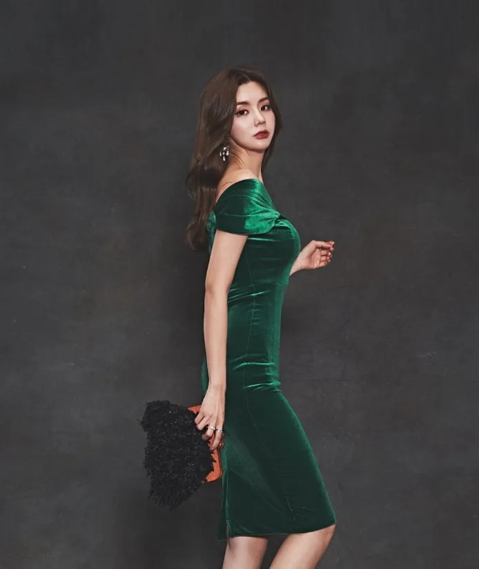 Элегантное зеленое сексуальное Бархатное облегающее платье с открытыми плечами для женщин весеннее Драпированное Платье-футляр с рюшами приталенное платье OL