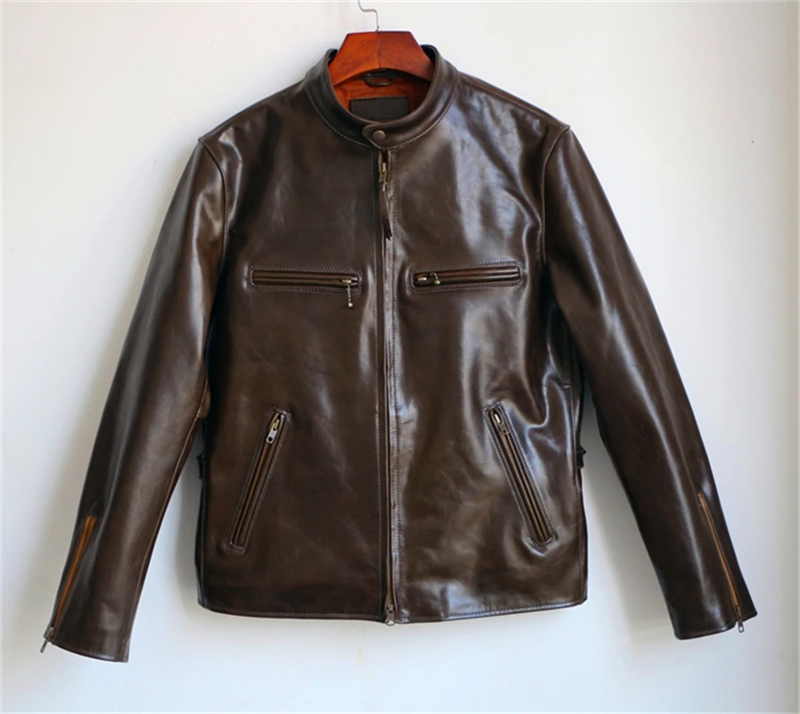 

super quality genuine horse leather jacket motorcycle slim vintage genuine horsehide leather rider jacket