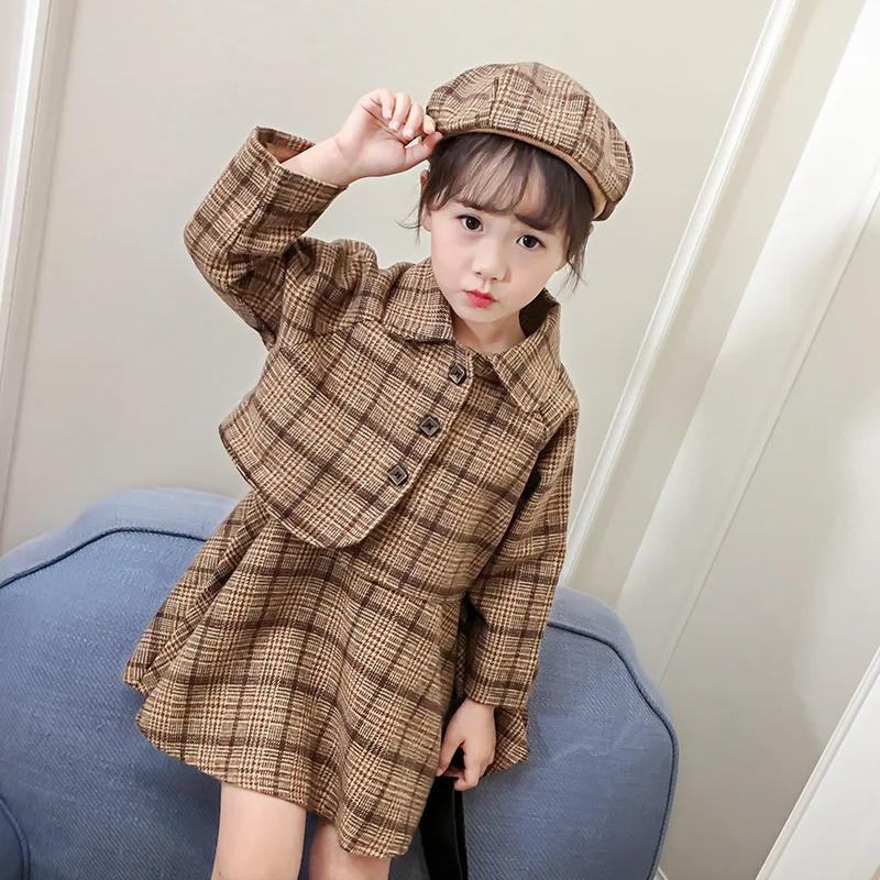 

Children's clothes 2018 autumn style infant baby kids clothing sets spring girls wool coat and dresses and hat 3 pieces jackets