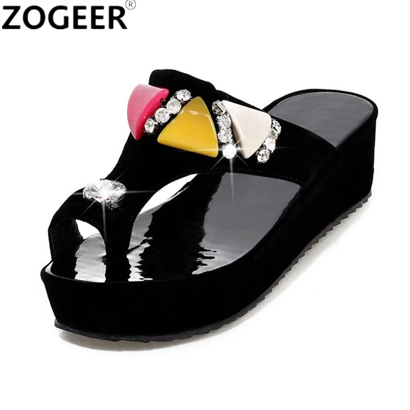 

2018 Summer Wedges Slippers Women Luxury Rhinestone Flip flops Fashion High Heels Platform Black White Causal Beach Shoes Woman