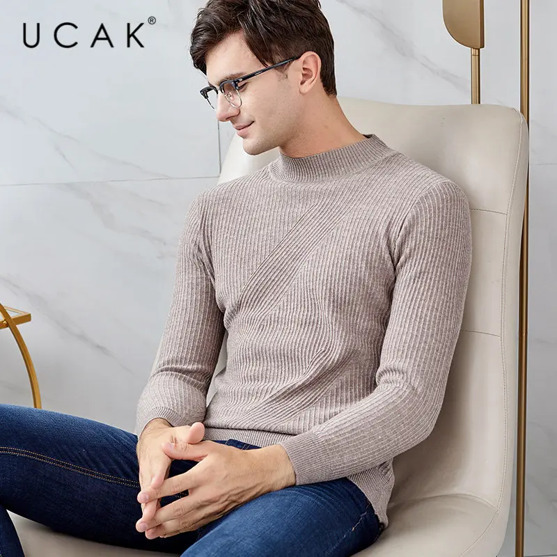 UCAK бренд мериносовой шерстяной мужской свитер уличная Slim Fit Pull Homme Осень Зима Водолазка свитера кашемировый пуловер для мужчин U3046