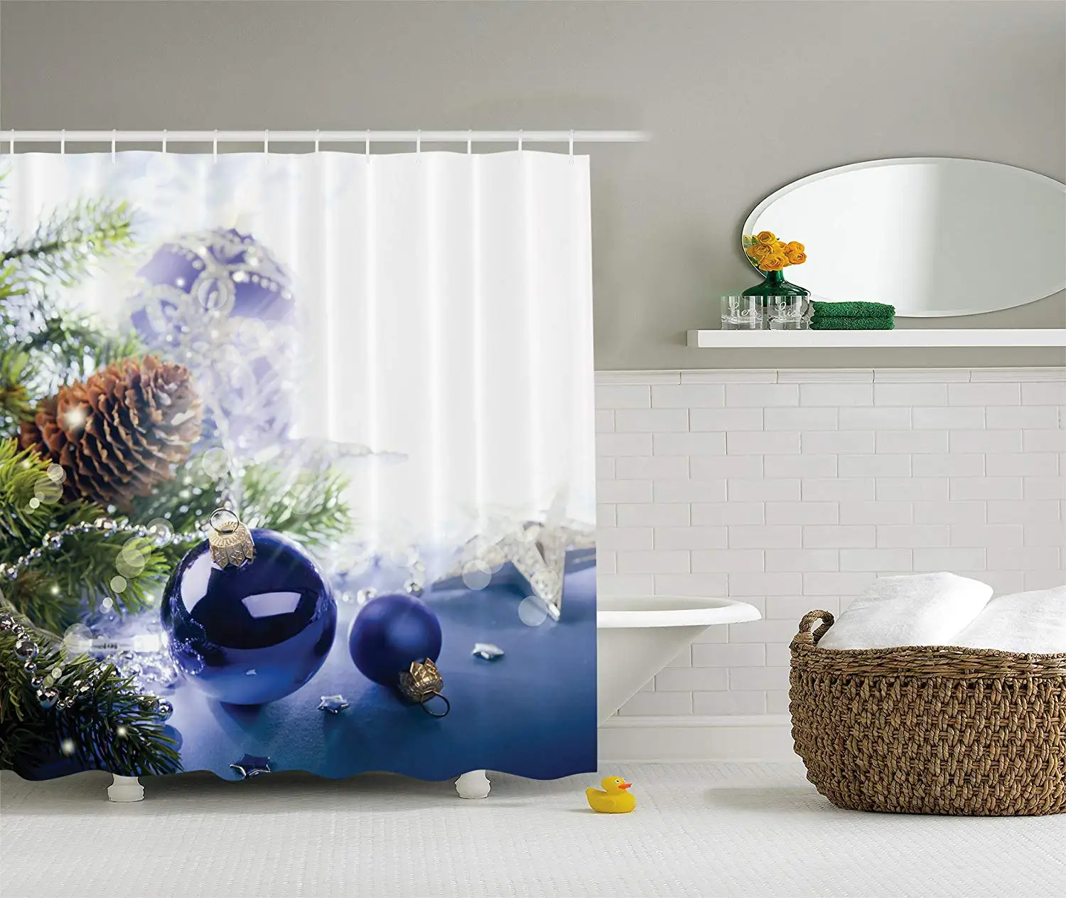Blue White Holiday Christmas Ornaments Fabric Shower Curtain Digital