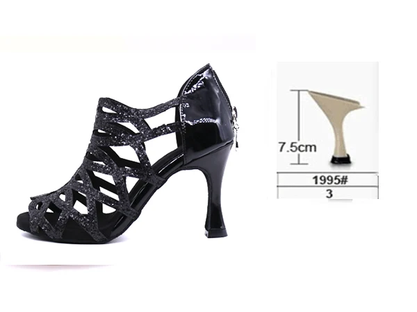 Samisoler/Блестящая обувь с вырезами; женская обувь для латинских танцев; Танцевальная обувь для танго, джаза; обувь для сальсы, бальных танцев; модная обувь для танцев 5-10 см - Цвет: Black heel 7.5cm