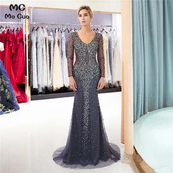 

Luxuries Mermaid Prom Dresses with Beaded Crystals Long Sleeve V-Neck Sweep Train Evening Gown Prom Dresses Custom Made