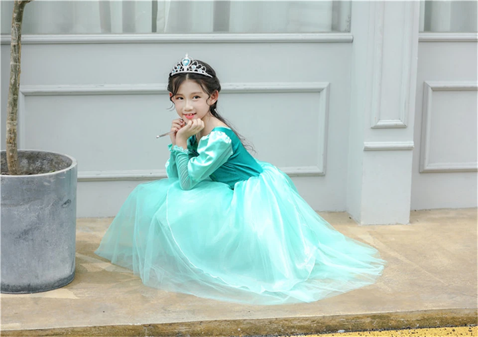 Новогодний костюм Русалочки детское платье принцессы Ариэль на Хэллоуин Пышное зеленое платье с пышными рукавами для девочек платье на день рождения для младенцев