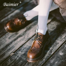 Baimier/Женская обувь из натуральной кожи; сезон осень-зима; винтажные женские туфли-оксфорды на шнуровке; женские броги в британском стиле на плоской подошве