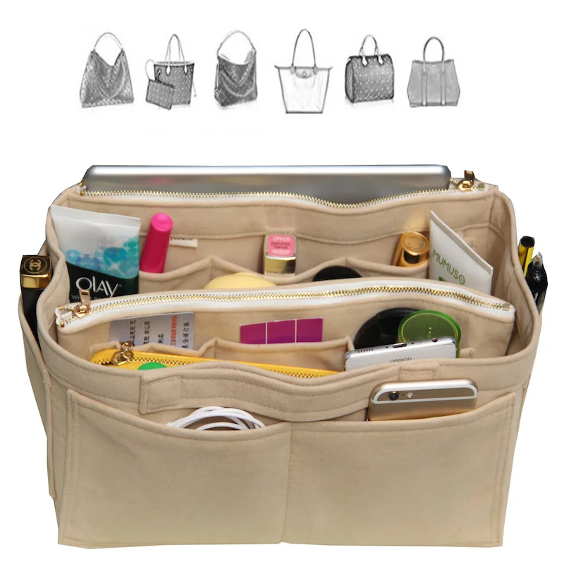  Customizable high quality Velvet Bag Organizer Tote Purse Insert/Cosmetic Makeup Diaper Belongings/