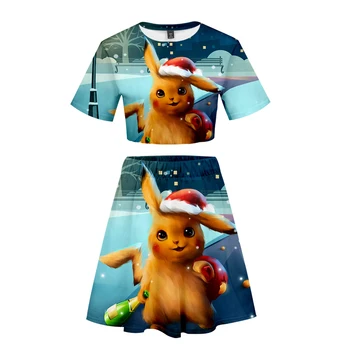 

Pokemon Detective Pikachu 3D Two Piece Set Skirt Set Women Exclusive Skirt Cartoon Short Sleeve Kawaii Crop Tops+skirt Sexy
