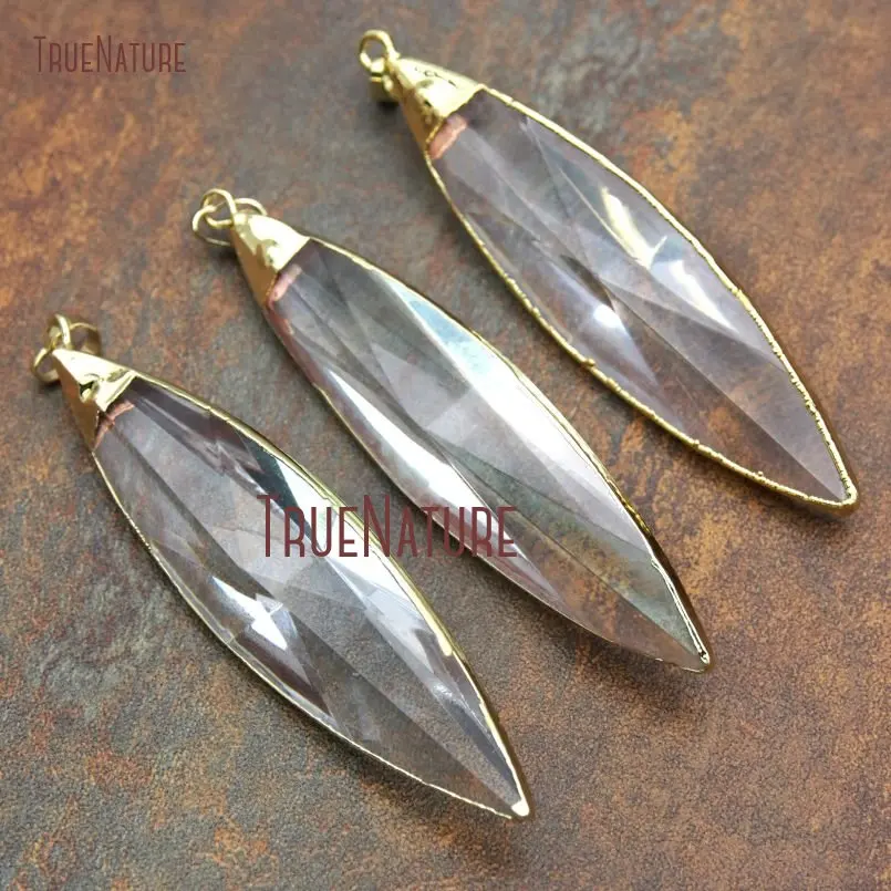 

10Pcs Gold Plating Faceted Marquise Pendant Glass Crystal Pendant On Sale 85x21mm PM13676