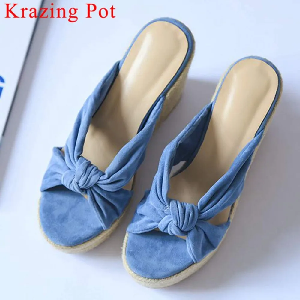 

Krazing Pot European style flock wedges high heels straw decoration peep round toe slip on mules elegant streetwear pumps L24