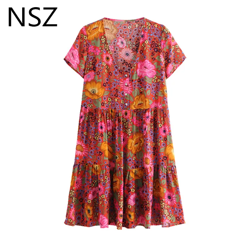 NSZ женское платье в богемном стиле с цветочным принтом и ромашками, мини-платье из хлопка с коротким рукавом, свободное Плиссированное пляжное короткое платье Vestidos