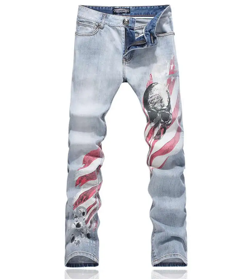 

Fashion novelty skull print men sheath trousers elegant denim jeans
