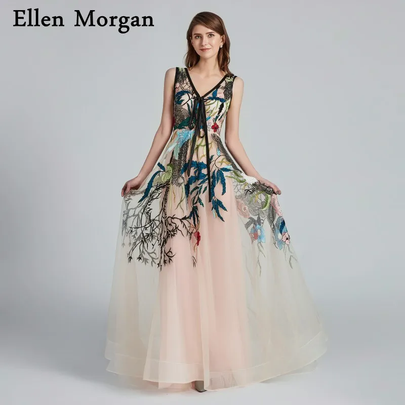 

Champagne Long Prom Dresses with Embroidery 2019 for Women Wear Runway Black Girls Tulle Fashion Evening Formal Party Gowns