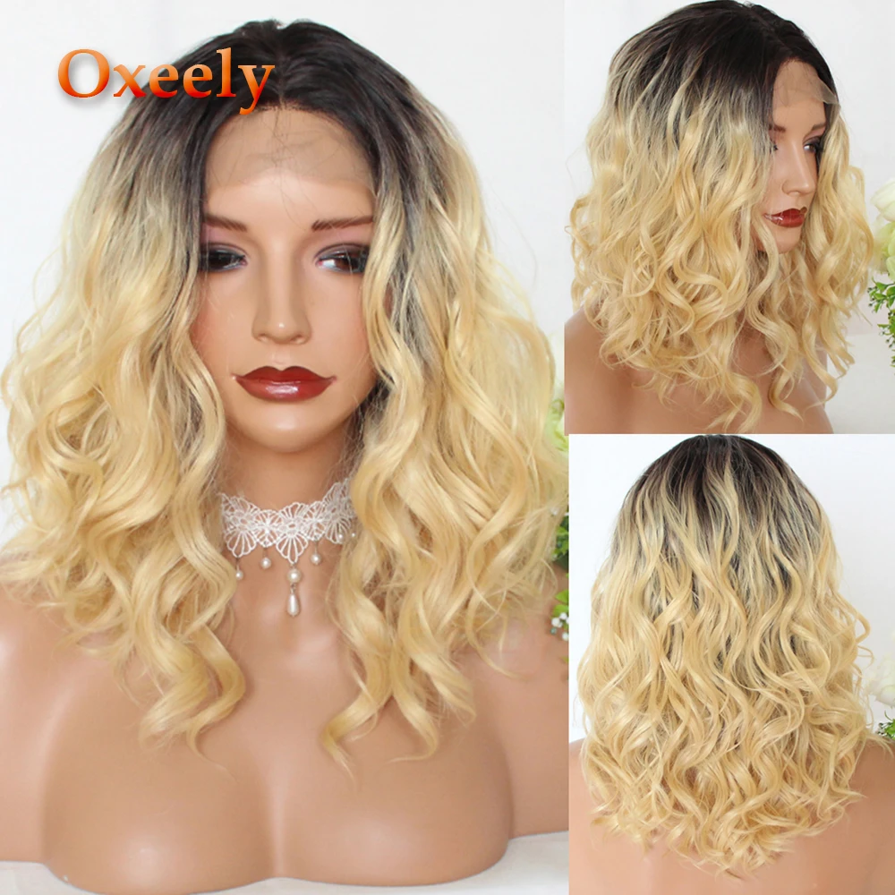 

Oxeely #613 BOB Wave Synthetic Lace Front Wigs Ombre Blonde Bob Wavy Hair Short Wave Lace Front Wig Natural Hairline for Women