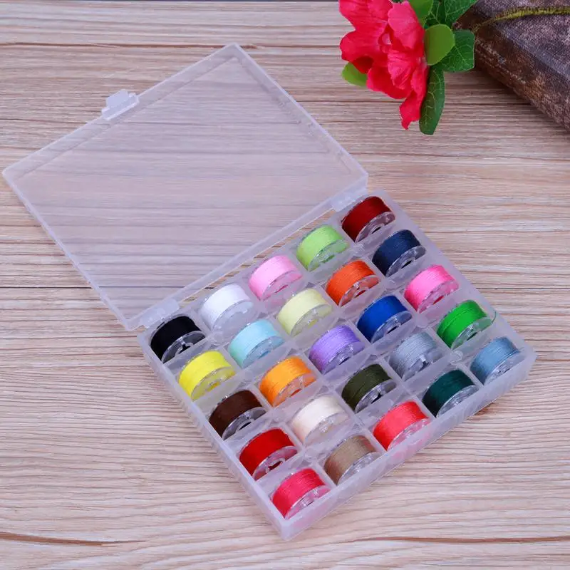 

25pcs Coloful Sewing Thread + 25 Grid Clear Plastic Machine Bobbins for Brother/ Babylock/ Janome/ Kenmore/ Singer with case