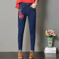 С рисунком розы штаны-шаровары стрейч вышивкой Джинсы для женщин Для женщин упругой цветок Джинсы для женщин женские узкие джинсовые штаны