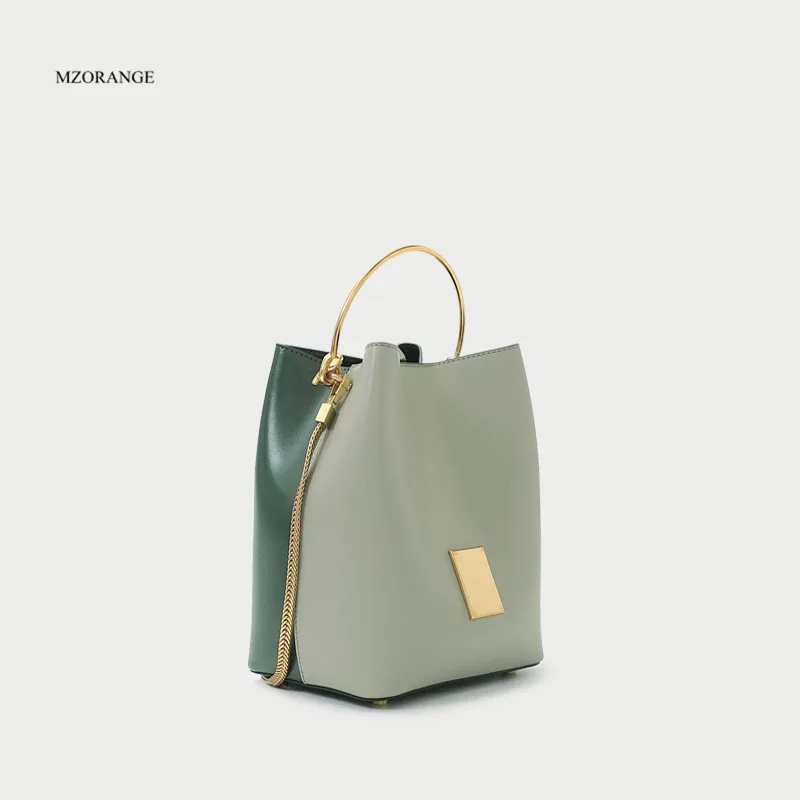 

Genuine Leather Handbags Spring and Summer New Color Matching Metal Portable Diagonal Cowhide Bucket Bag Shoulder Messenger Bag