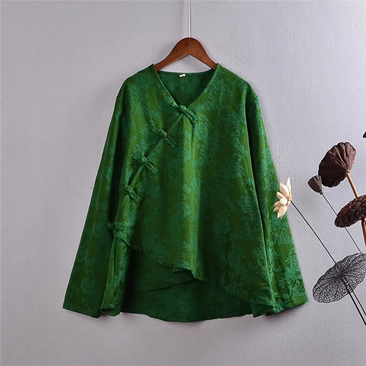 

National Style Autumn Jacquard Woman Shirt Casual Vintage Oblique Button Cotton Linen Blouse Women Asymmetrical Tops Green Blusa
