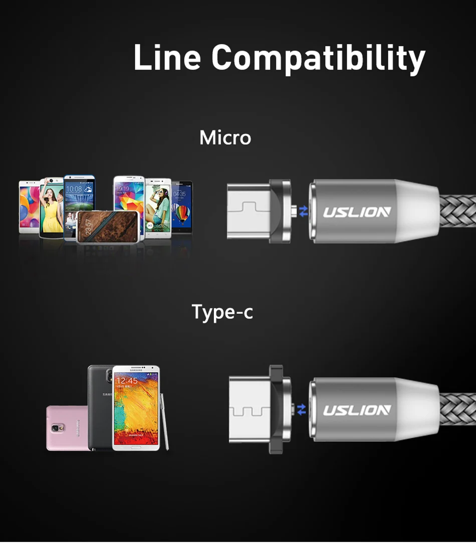 Магнитный usb-кабель USLION для быстрой зарядки, кабель USB type C, Магнитный зарядный кабель Micro usb для зарядки и передачи данных, кабель USB для мобильного телефона