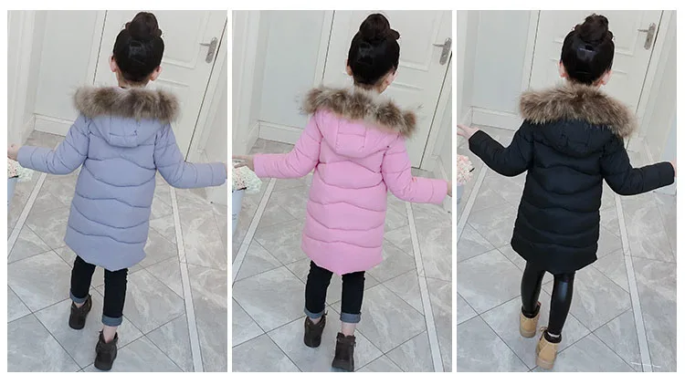 New 2018 Children Outwear Tops Winter Jacket For Girls Fashion Fur Hooded Thick Cotton-Padded Kids Long Coat Solid Parka Clothes (24)