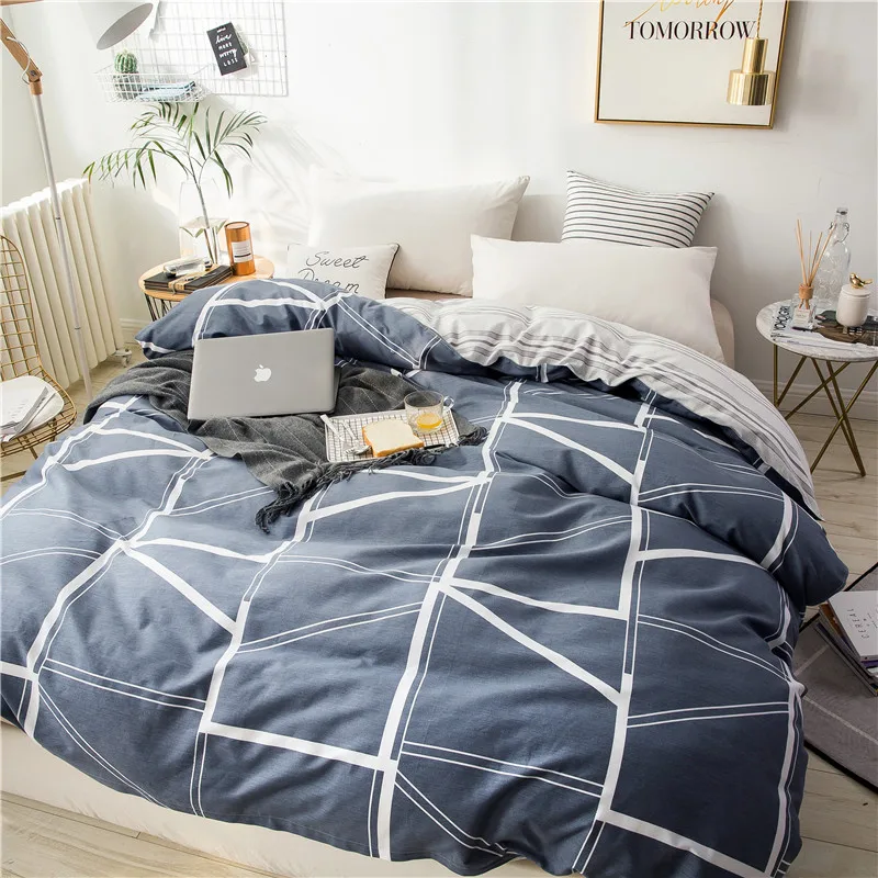 

Dark Blue White Rectangle Pattern Single Duvet Cover 100% Cotton Comforter Blanket Cover For Husband And Wife Bedding Of Quilt