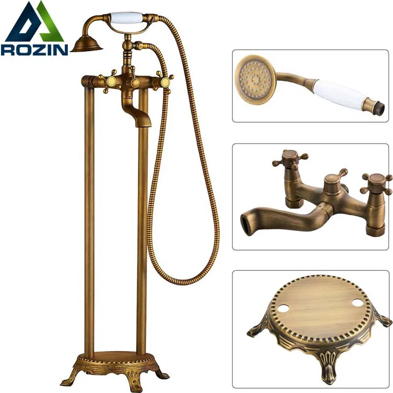 

Free Standing Clawfoot Bath Tub Filler Faucet Floor Mounted Dual Cross Handles Bathroom Tub Sink Faucet With Handshower