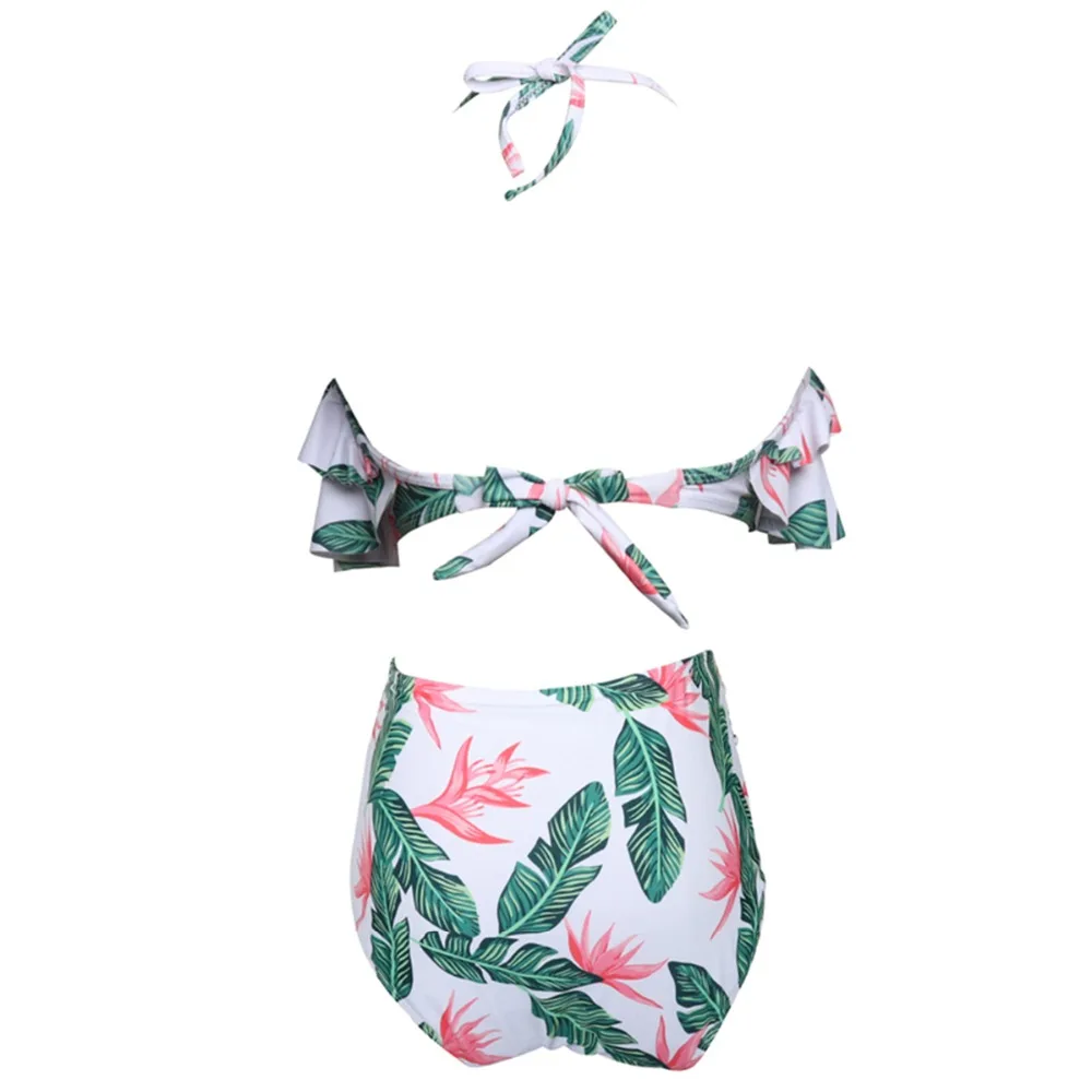 3 Green Leaf Ruffle High Waist Woman Swimsuit 2019 Summer Swimwear Bikinis Bather Suit Push Up Tankini Swimsuit Fused For Girls