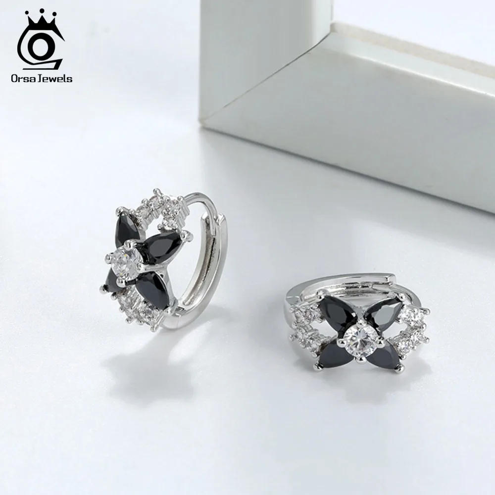 

ORSA JEWELS Lead & Nickel Free Silver Color Copper Earring Stud with Brilliant Clear&Black AAA Austrian Cubic Zirconia OME12
