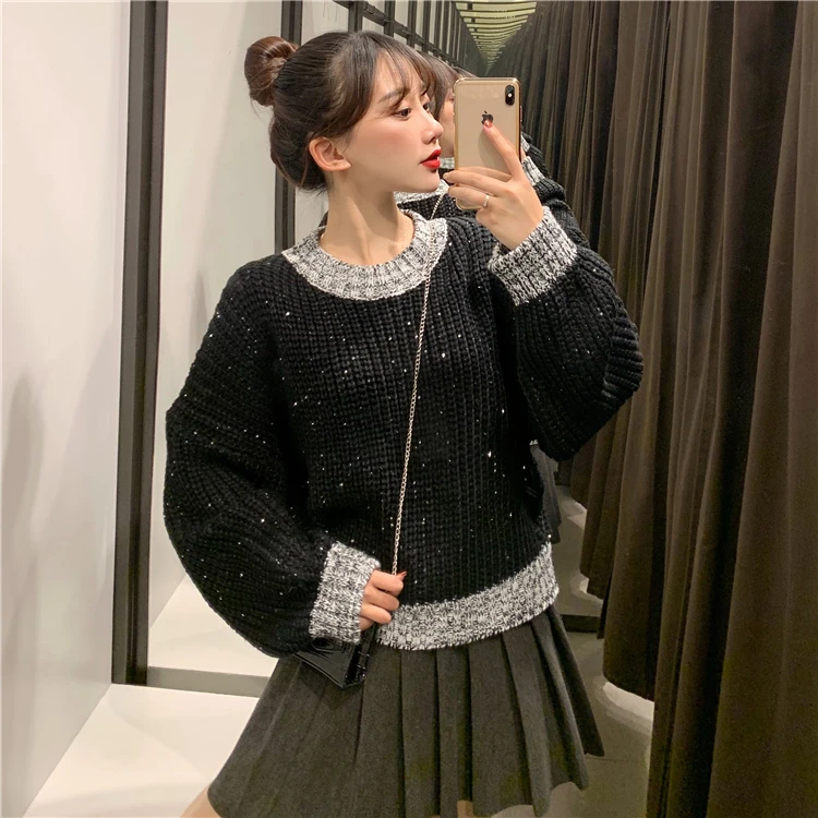 

2018 Winter Women Sweaters Starry Sequins Batwing Sleeve O-Neck Sweet Sparkly Jumpers Tops Shiny Casual Knitting Pullovers Femme