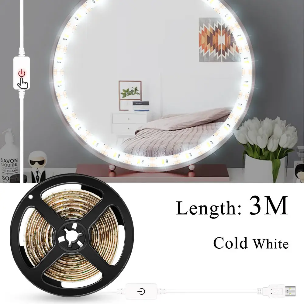 Makeup Vanity Mirror Light Strip Led USB Cable 5V Dimmable Dressing Table Lamp Tape Bathroom Make Up Cosmetic Mirror Lights Kit