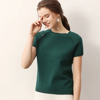 

Women's Fashion Sweaters 2020 O-Neck High Elastic Tops Women Knitted Pullovers Short Sleeve Shirt Female Clothes Back Hole