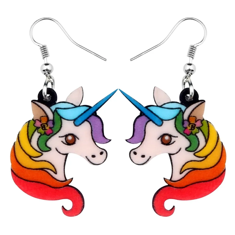 

Bonsny Acrylic Cute Rainbow Unicorn Head Earrings Drop Dangle Fashion Fairy Animal Jewelry For Women Girls Teens Gift Brincos