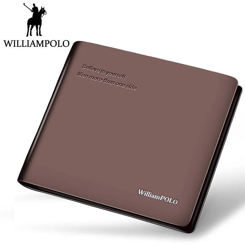 

WILLIAMPOLO Men Bifold Wallet Genuine Leather Short Purse Belief Motto Text Design Slim Wallet Small Pouch For Male 2018 New