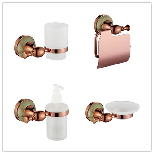PROD 32899107064 4 PCS Rose gold Brass and Marble Bathroom hardware
accessories set Soap dispenser Toothbrush cup Paper holder Soap dish
holder