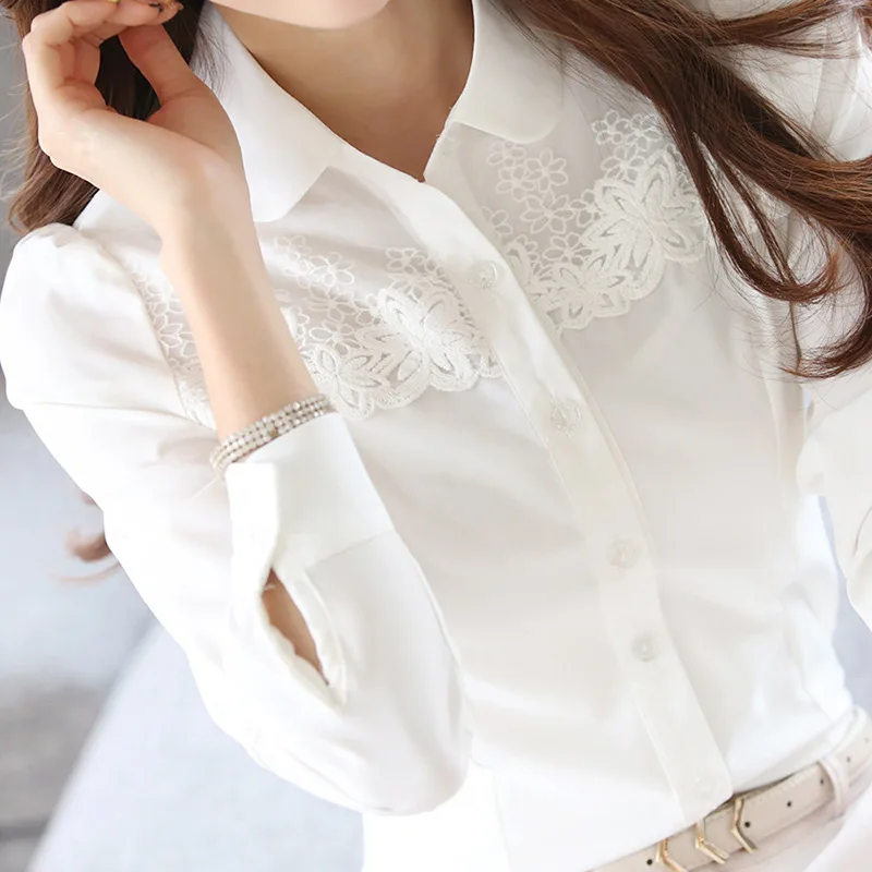 Vente 2017 Nouvelle Coréen Printemps Automne Chemises de Femmes Manches Longues Revers Volants En Mousseline de Soie Chemise Dames de Bureau Chemise Blanche Blusas Tops