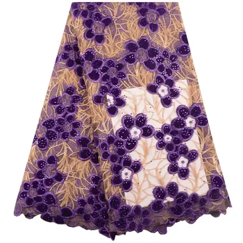 

2019 Purple African Lace Fabric High Quality French Lace Embroidered Flowers Nigerian Lace Fabric With Stones For Dress 1550