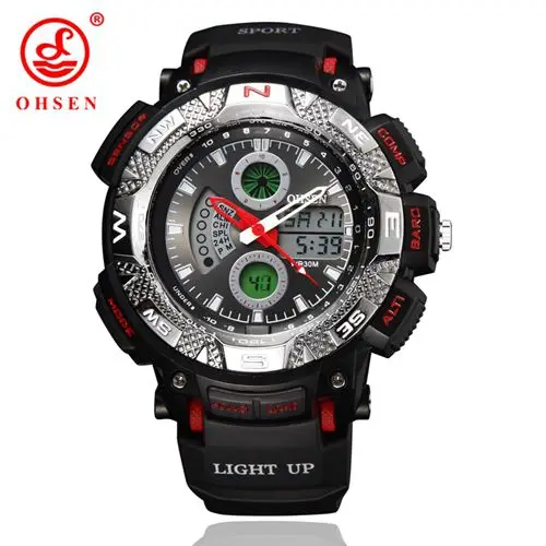 Горячая Распродажа OHSEN Модные мужские спортивные часы военные часы цифровые часы на резиновом ремешке будильник Дата День Секундомер кварцевые наручные часы - Цвет: Красный