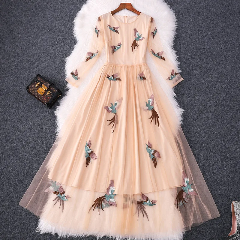 Высокое качество дизайнерское подиумное Длинное Платье женское осеннее элегантное шифоновое макси-платье с вышивкой птиц сексуальное Повседневное платье