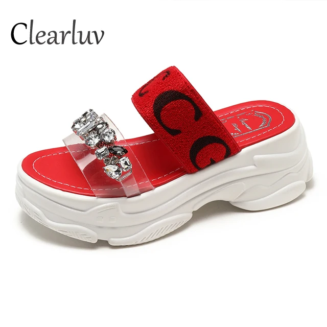 

Best selling women's platform sandals rhinestones summer wedges slippers fashion transparent beach shoes black white red