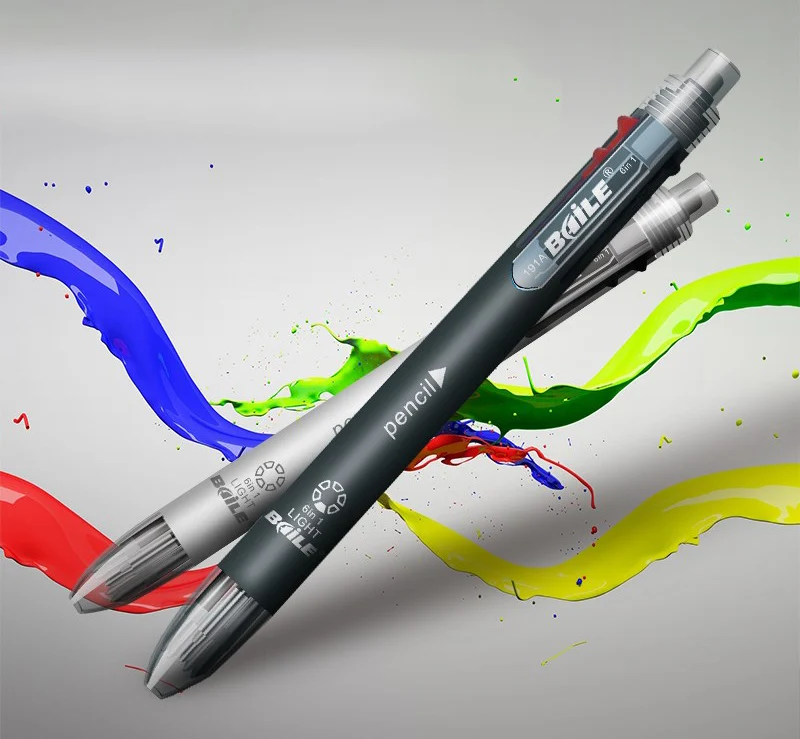 6 в 1 разноцветная ручка, 5 цветов, выдвижная шариковая ручка с 1 автоматическим карандашом, мини-ластик для маркера, канцелярские принадлежности