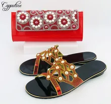 Capputine Nigerian Desgin Low Heels Shoes And Bag Set Italian Decorated With Rhinestone Shoes And Bag Set For Woman On Sale
