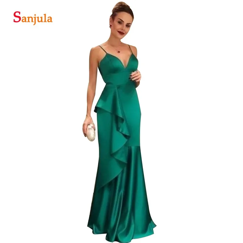 Зеленый свадебное платье для гостей Русалка Спагетти бретели нижнего белья длиной до пола для вечерние платья Vestido Para Damas De Honra Casamento