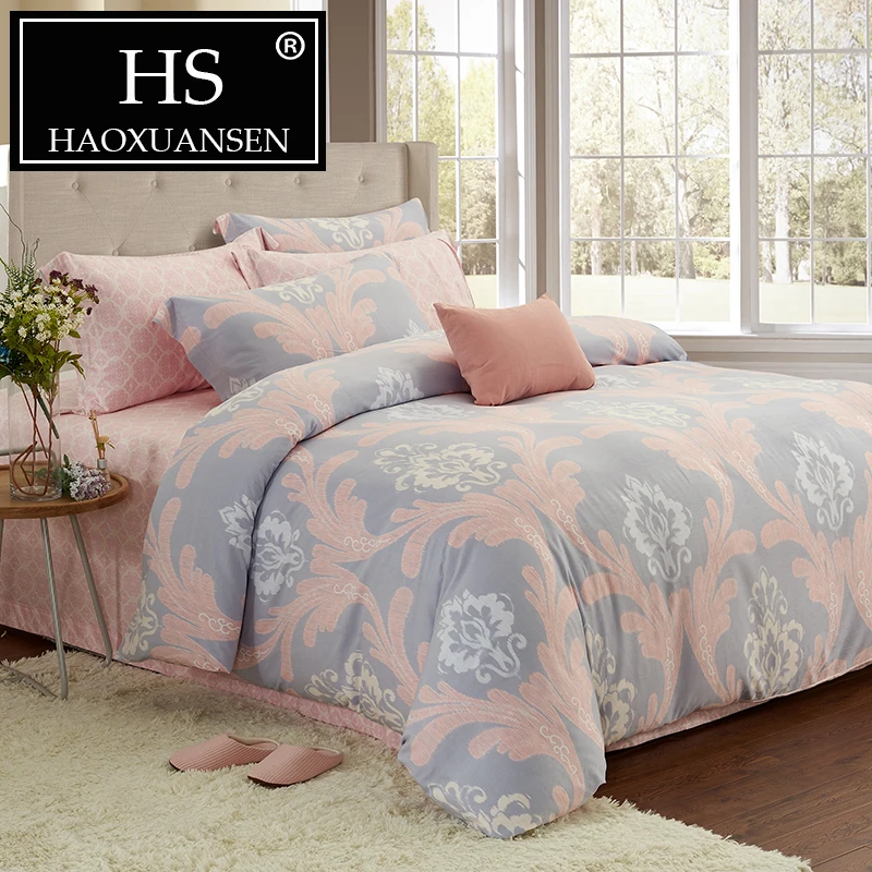 

European 100% Cotton Sanding Pink 4pcs Bedding Sets Flower Printed Bed Linen Set Queen King Size For Adult Warm Autumn Winter