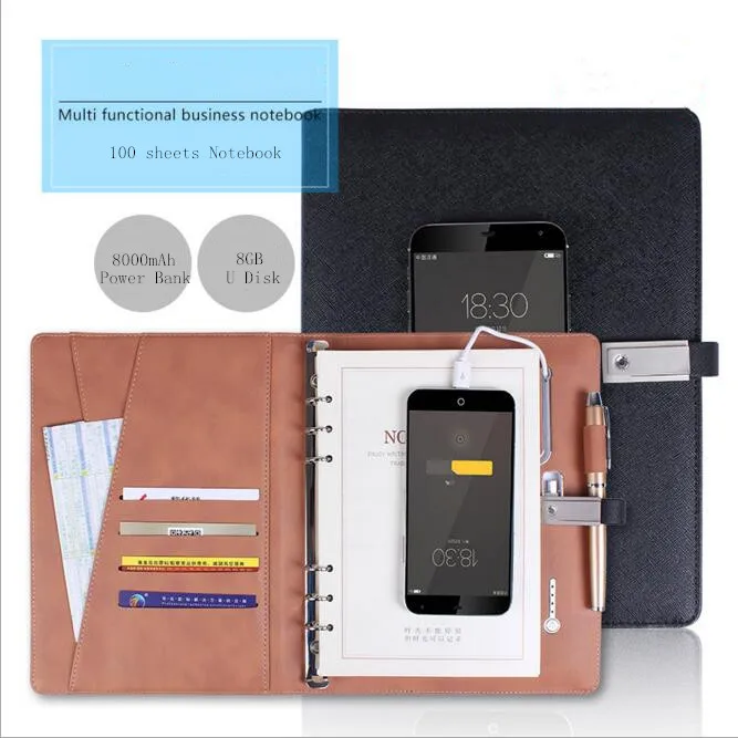  Multifunctional Creative 8000mAh Power Bank Loose-leaf Business Notebook With 8GB U Disk Spiral Dai