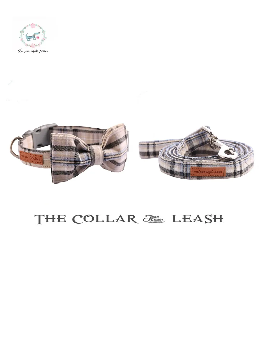 

White Plaid Cotton Dog Collar with Bow Tie and Leash Set Plastic Buckle Dog&Cat Collar Pet Products Quality Dog Collar