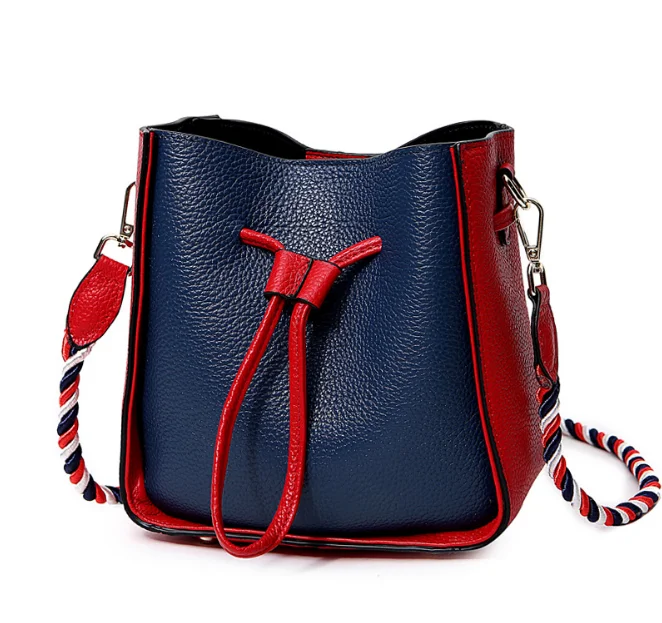 

Fashion Female Contrast Color Shoulder Bag Ladies Genuine Leather Drawstring Bucket Bags Creative Colorful Belt Woman BagL186