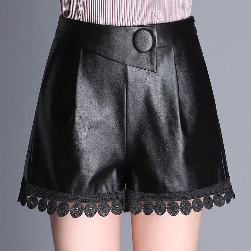 Winter PU leather Lace Shorts for Women 2018 New High Waist A-Line Sexy Shorts Female Fashion Elegant PU Short Pants Plus Size 4