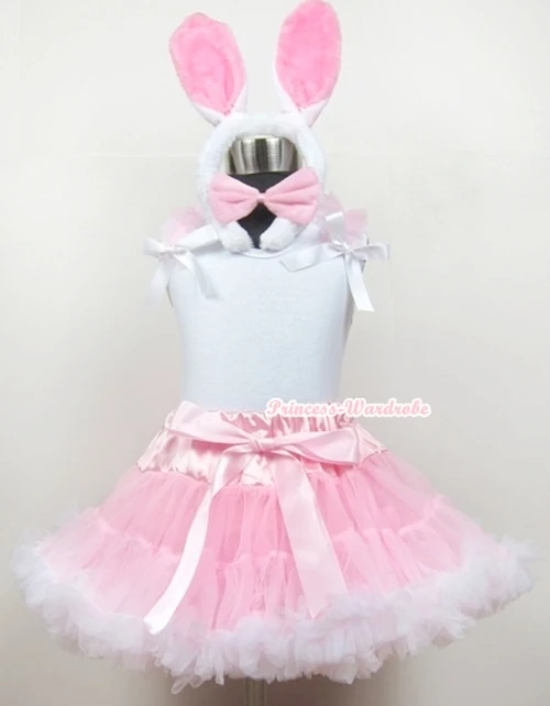 White Tank Top With Light Pink Ruffles & White Bows With Light Pink White Pettiskirt With White Rabbit Costume MAMG369 reigning champ ringspun tank top white